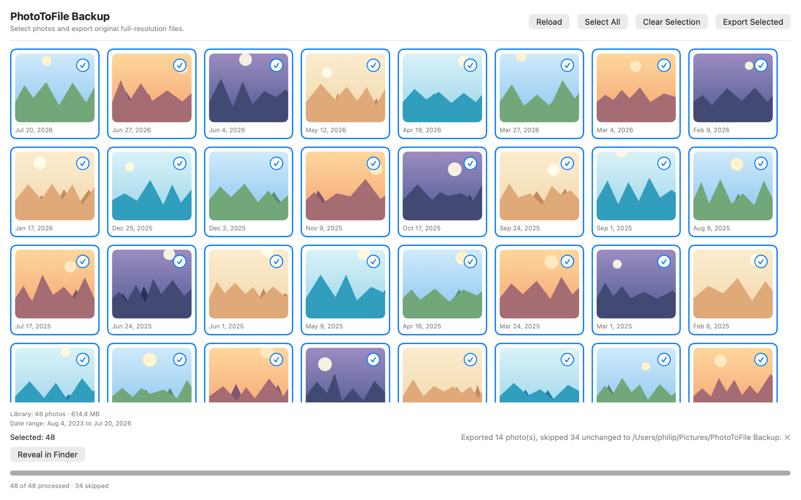 PhotoToFile Backup after a second backup run: 48 photos processed, 34 unchanged photos skipped